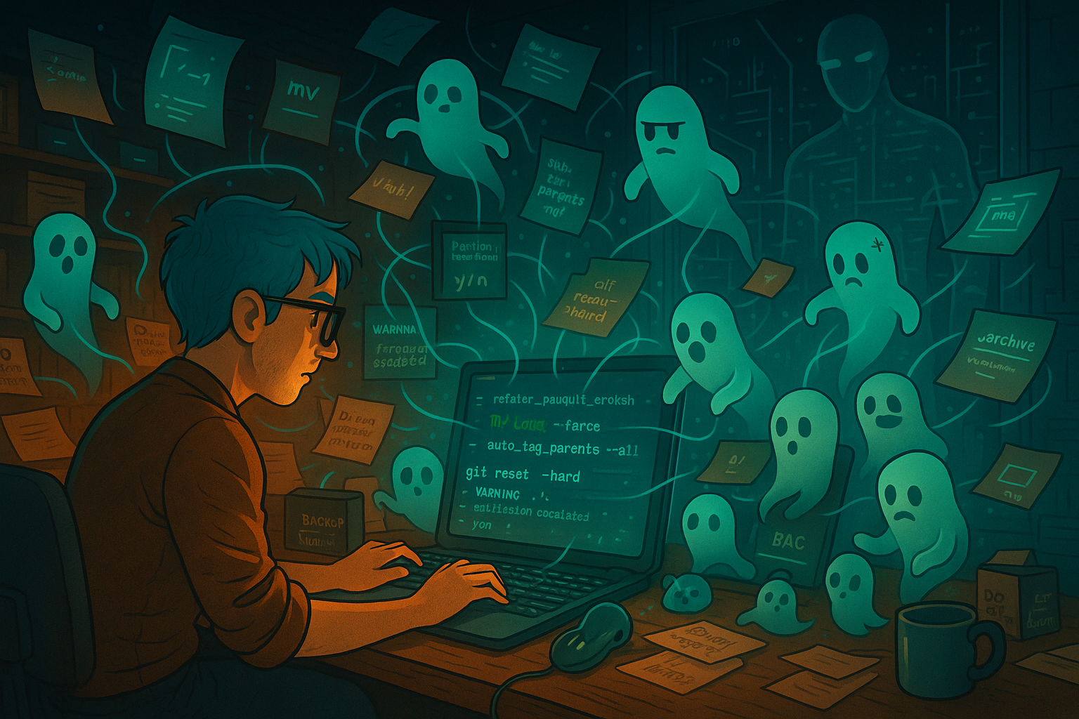 Caspar at his laptop. Now there are more ghosts, they are less friendly, they're moving all the files.