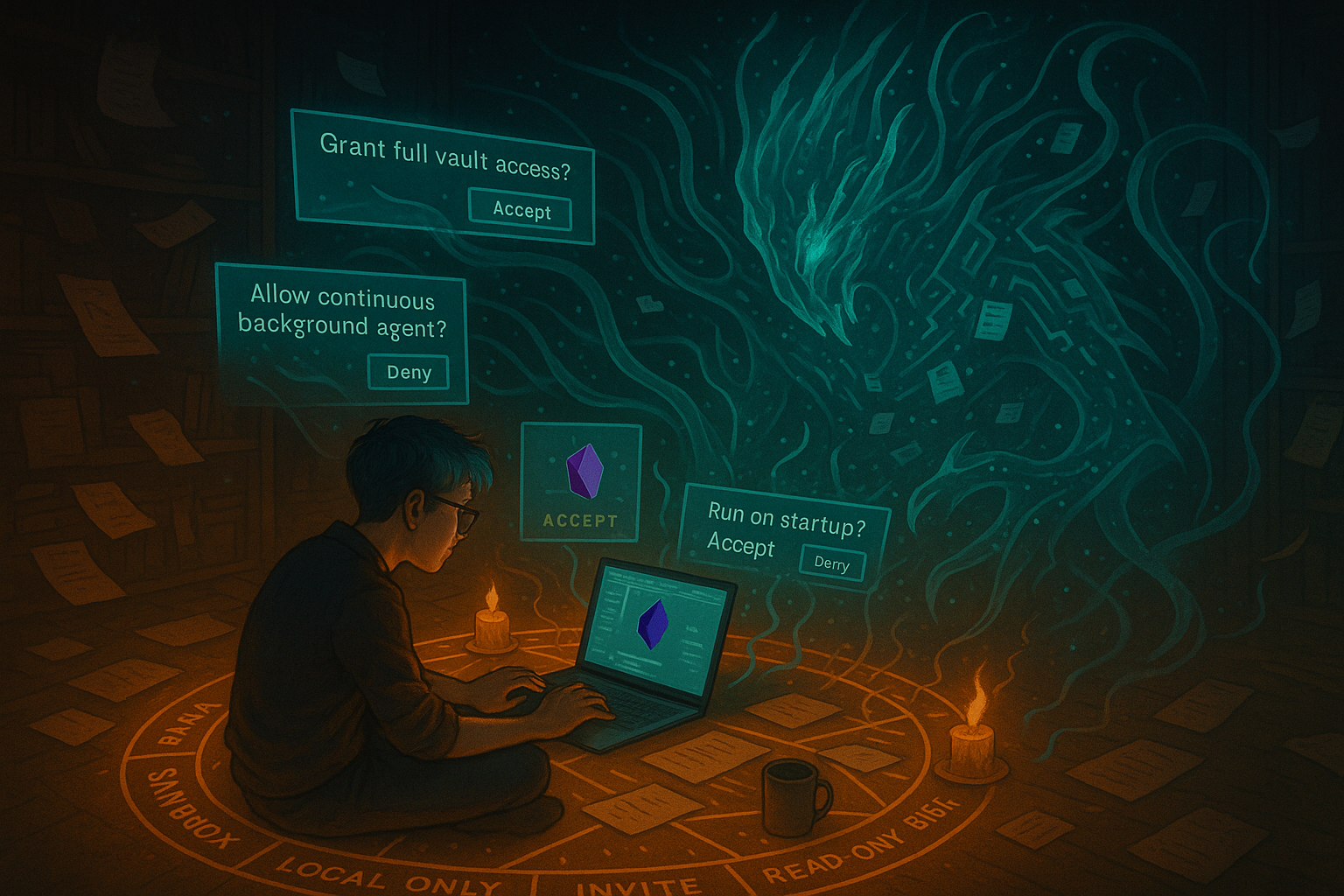 Caspar cross-legged with his laptop in a circle of protection. An aethereal daemon hovers expectantly nearby.