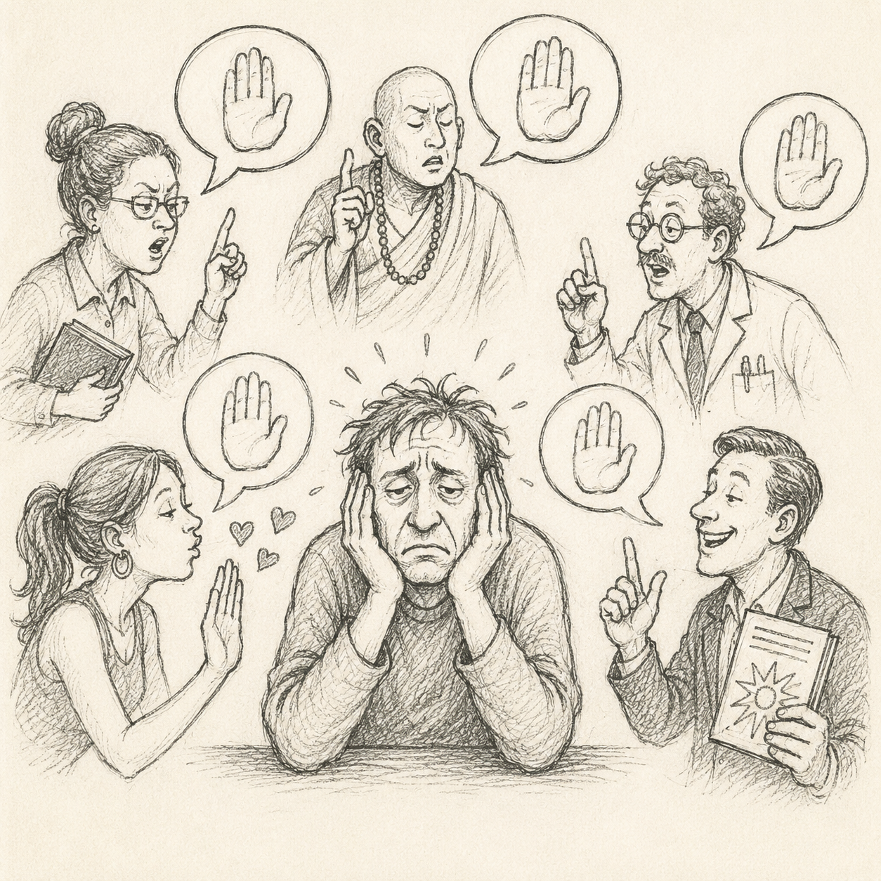A weary man holds his head while five people — a teacher, a monk, a scientist, a flirt and a salesman — each point at him through speech bubbles containing a raised "stop" hand.