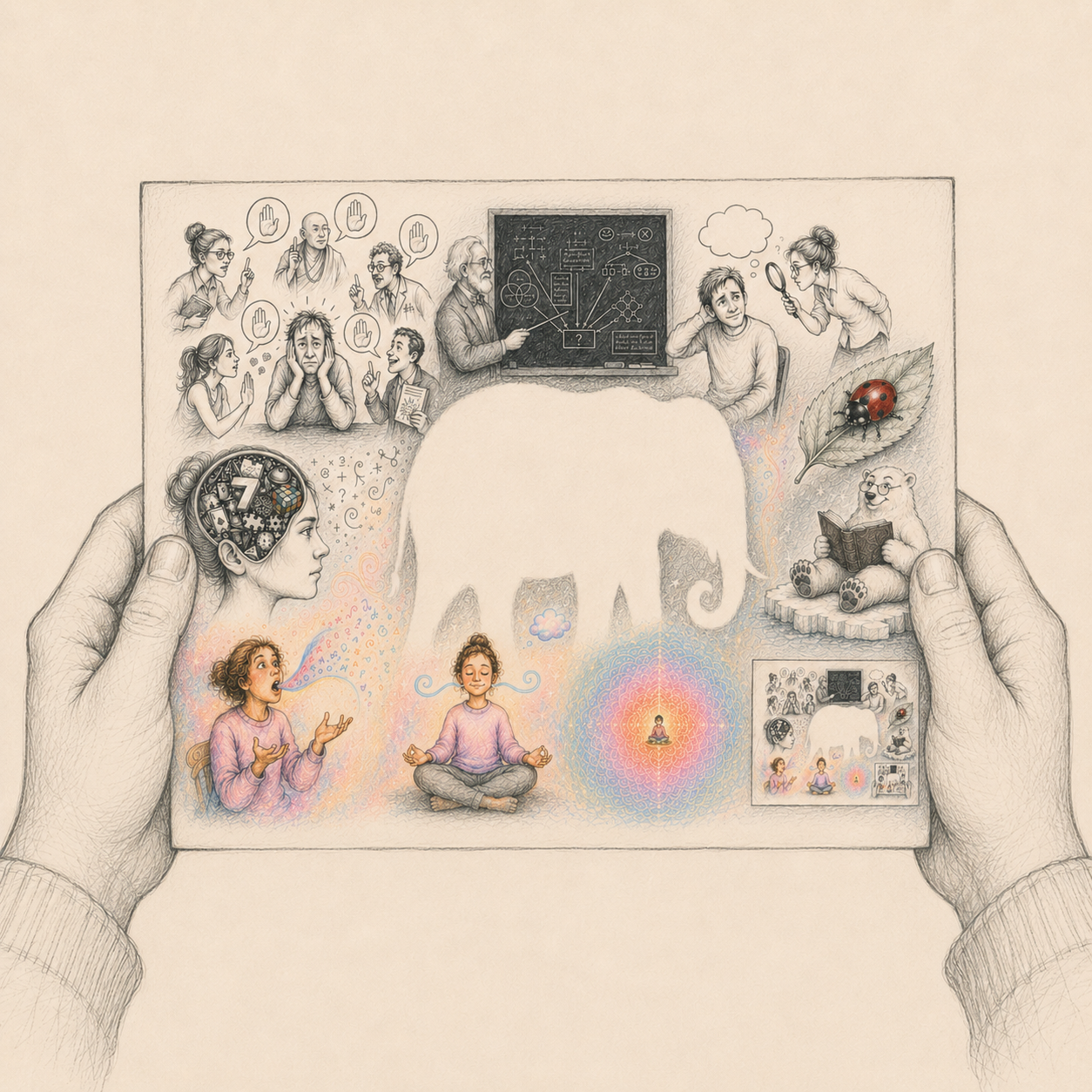Two hands hold up a print showing a miniature of our opening image, the elephant-shaped blank space visible at its centre.