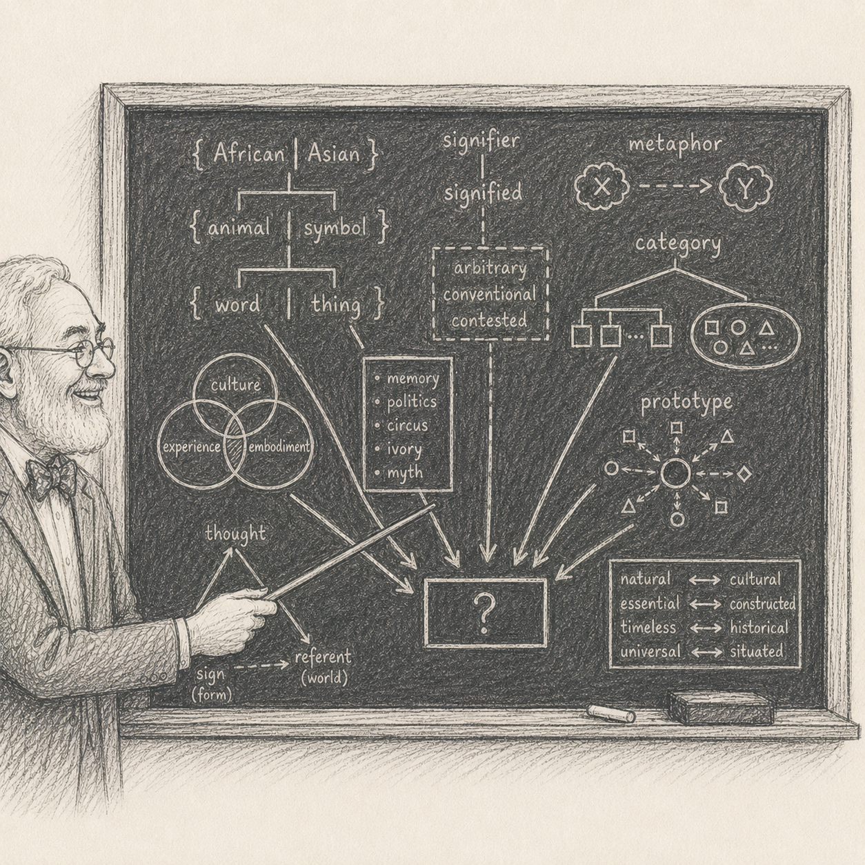 George Lakoff points to a dense chalkboard of semiotics and taxonomy diagrams — "African | Asian", "signifier / signified", "category", "prototype" — every arrow converging on a single boxed question mark.