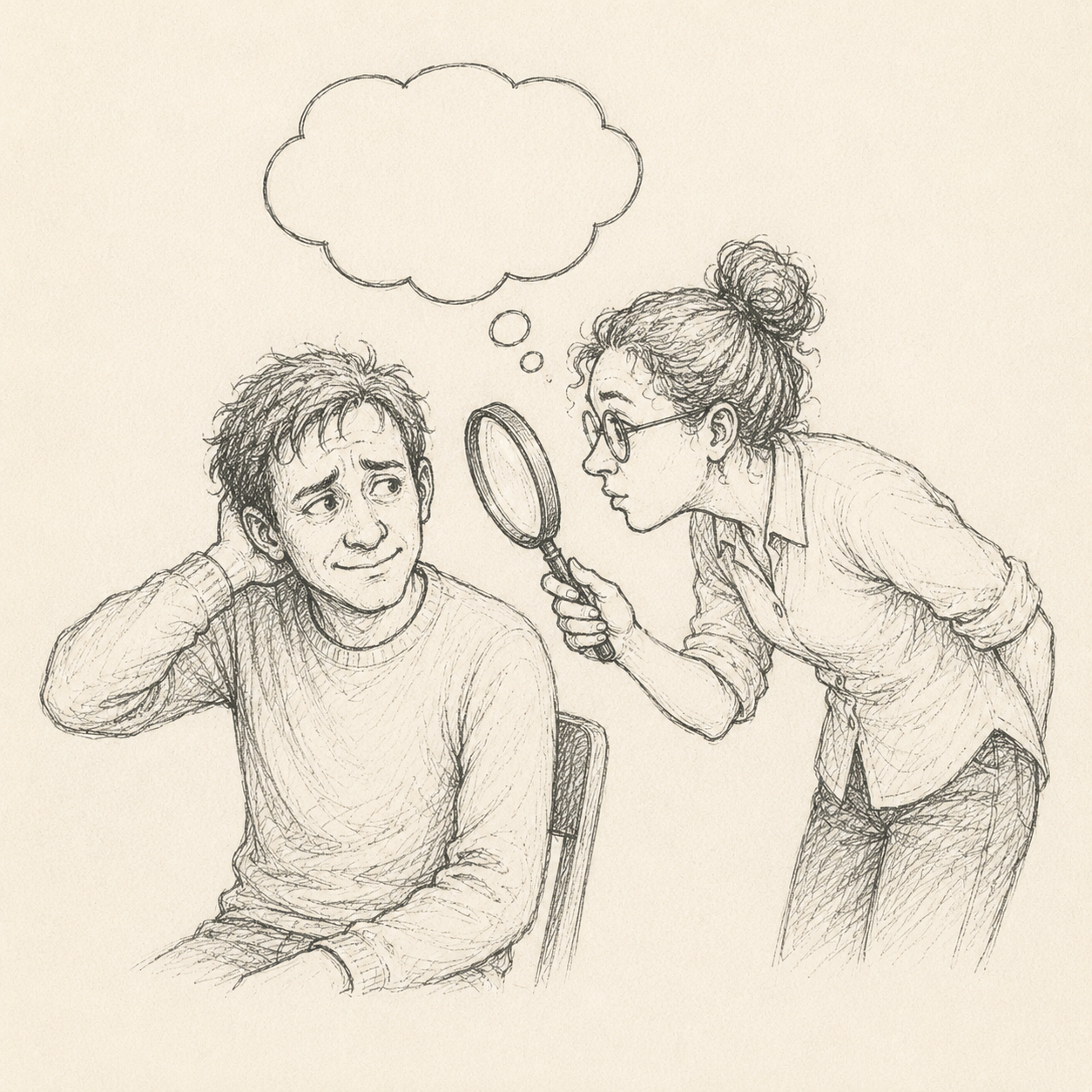 A woman leans in and scrutinises a faintly uneasy seated man through a magnifying glass; an empty thought-bubble hovers above him.