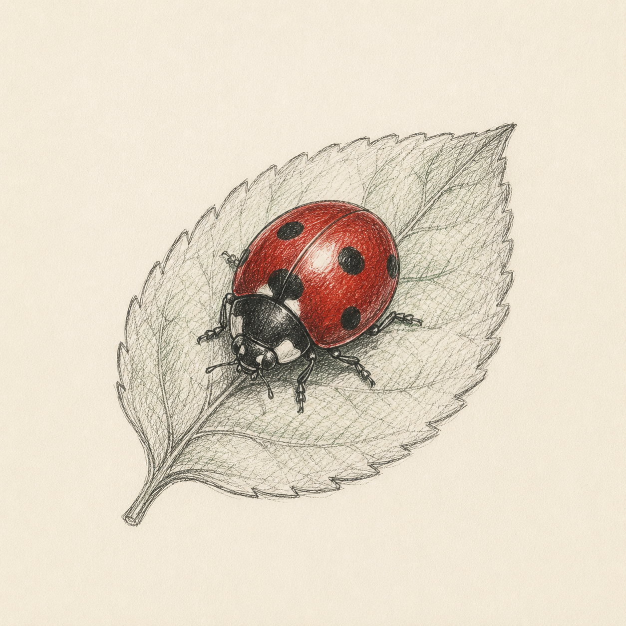 A finely detailed red ladybird with black spots rests on a softly pencilled leaf — the only spot of colour on otherwise bare paper.
