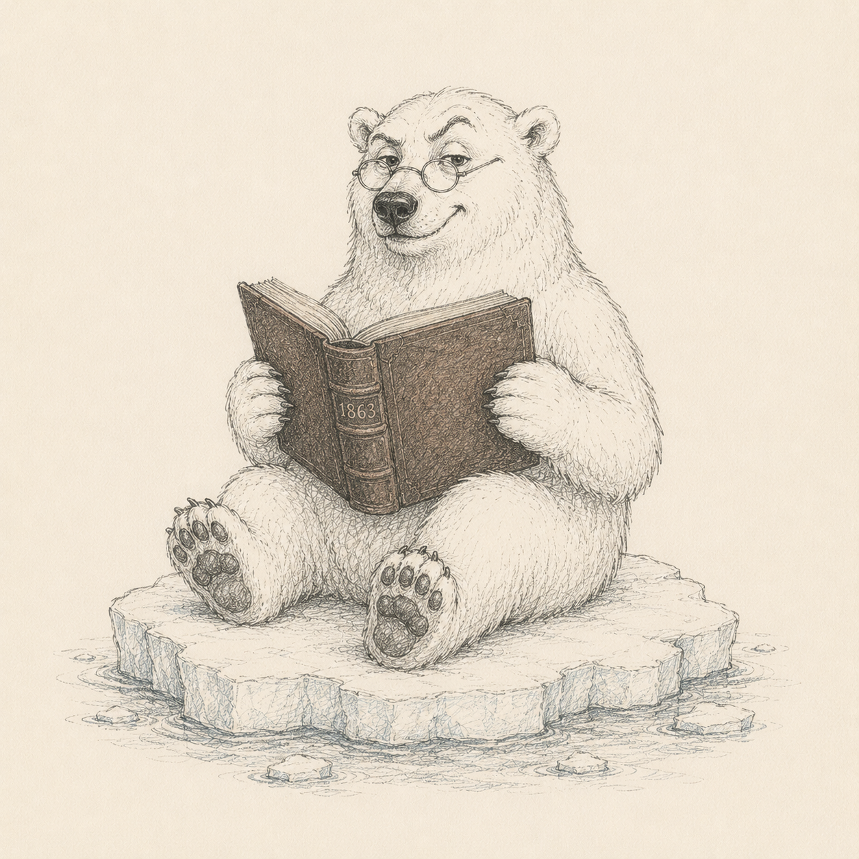 A smug polar bear in round spectacles sits on an ice floe, reading a leather-bound book with "1863" on the spine.