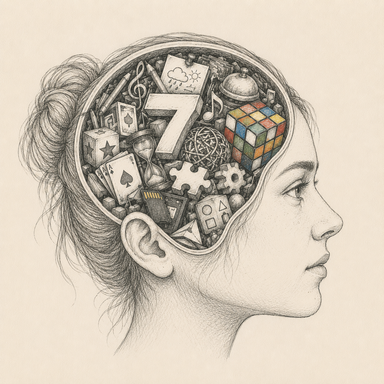 Profile of a woman's head, the skull packed full of a giant numeral 7, a Rubik's cube, playing cards, an hourglass, gears and musical notes.