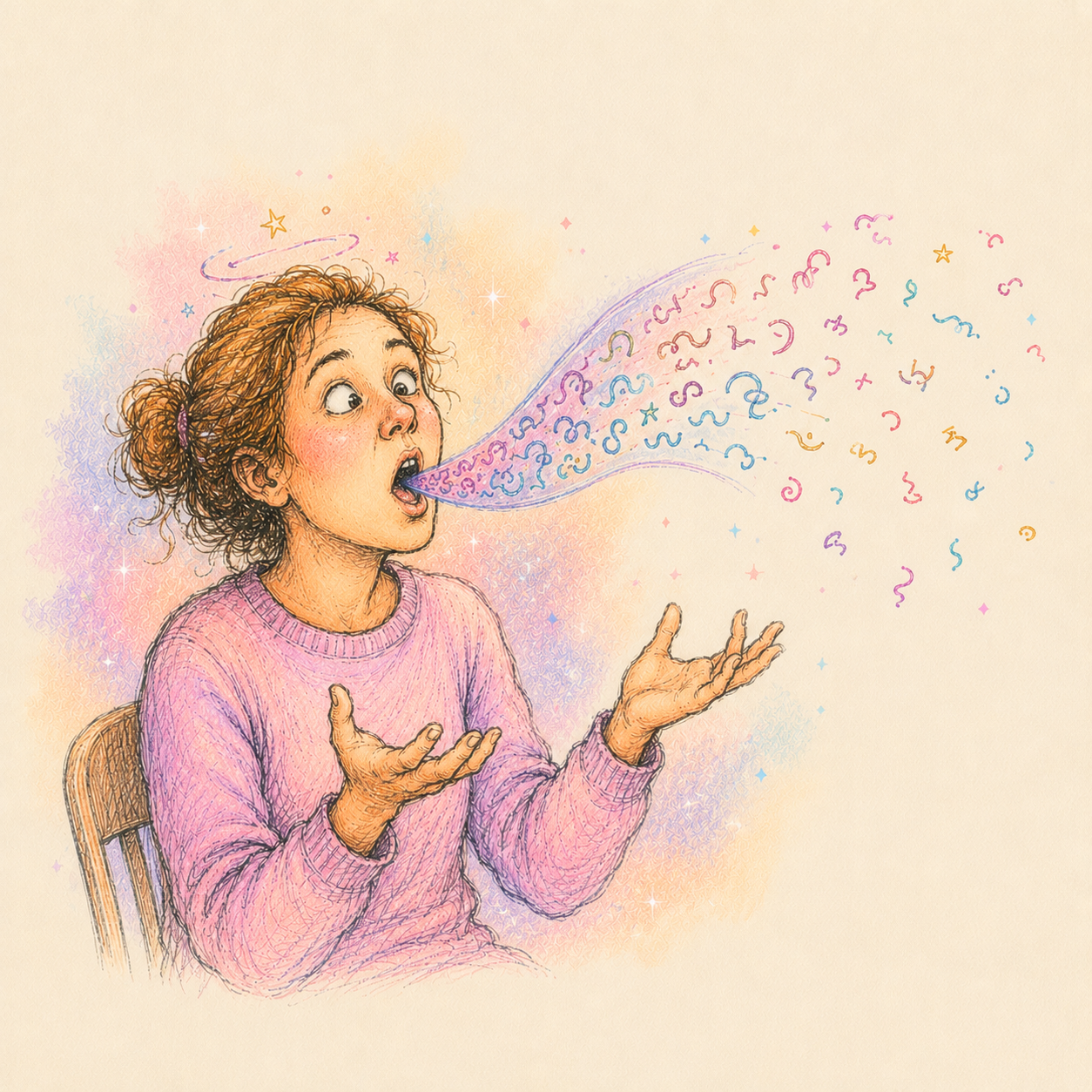 An open-mouthed, slightly dizzy woman breathes out a long ribbon of colourful question marks and meaningless squiggles.