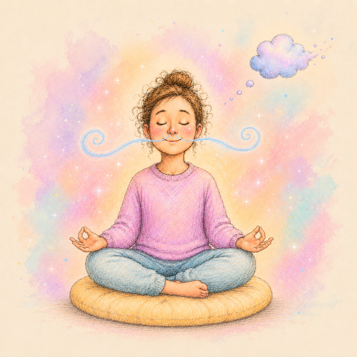 A woman meditates cross-legged on a cushion, her breath drawn as a calm blue curl across her face, a small thought-cloud drifting away.