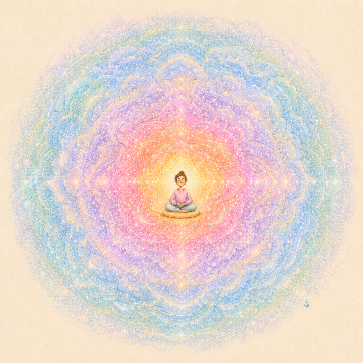 A tiny serene meditator sits at the glowing centre of an enormous, radiant pastel mandala that fills the frame.