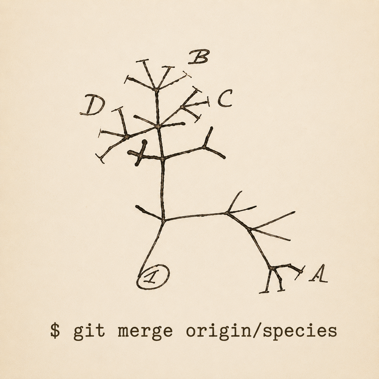 Darwin's famous "I think" sketch with $ git merge origin/species