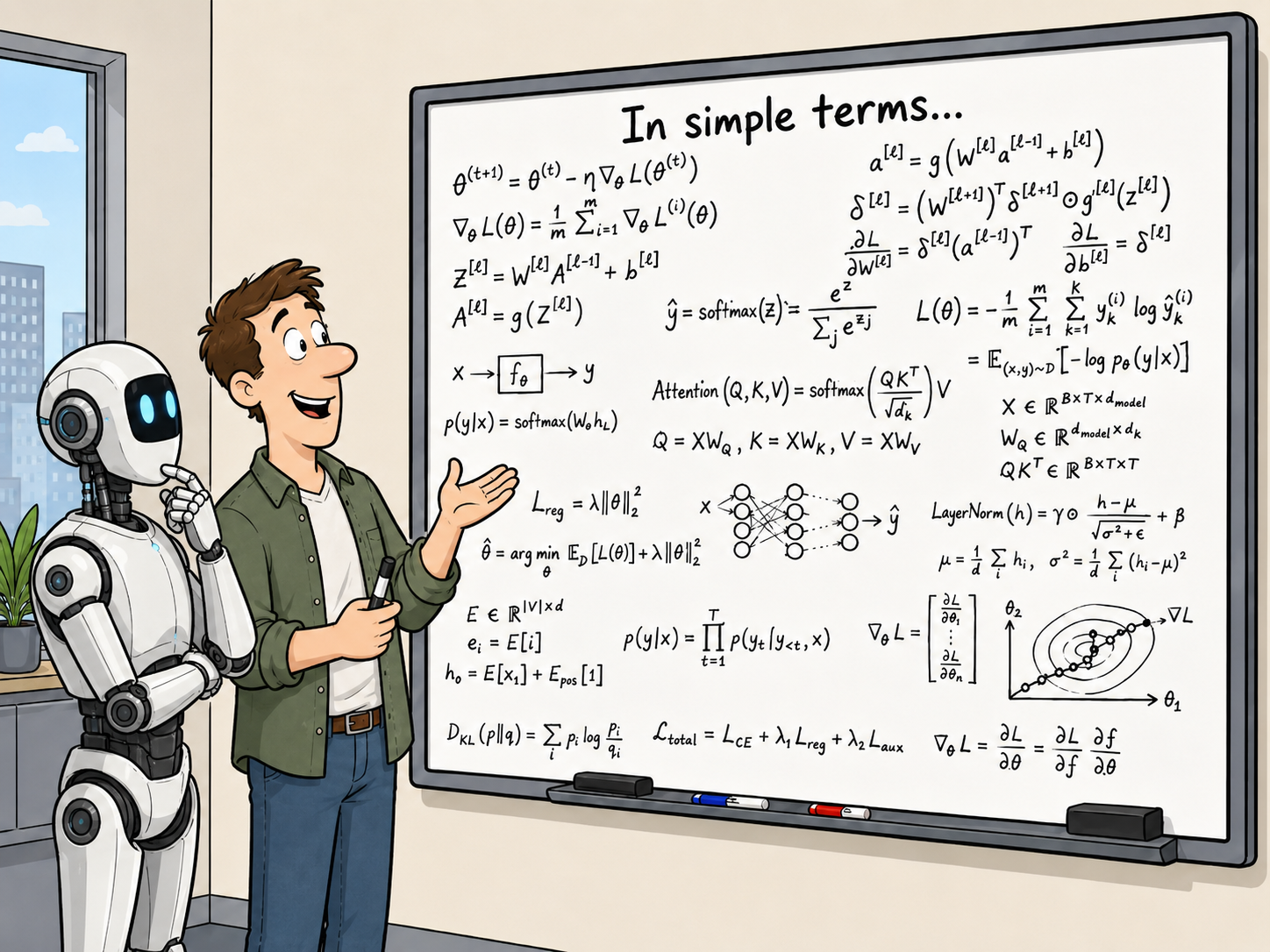 Cartoon of human and android in front of whiteboard of complex maths. At top it says "In simple terms"