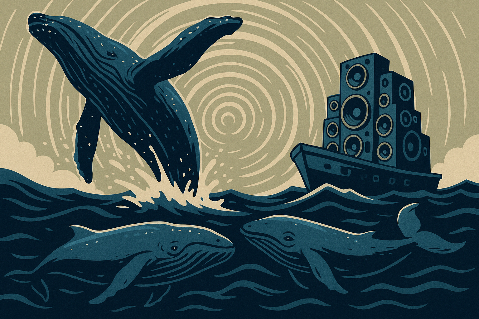 Woodcut style image of three humpback whales dancing to a boat loaded with speakers.