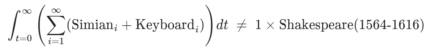 The well known infinite monkey hypothesis in LaTeX inf monkeys over inf time ain't shakey