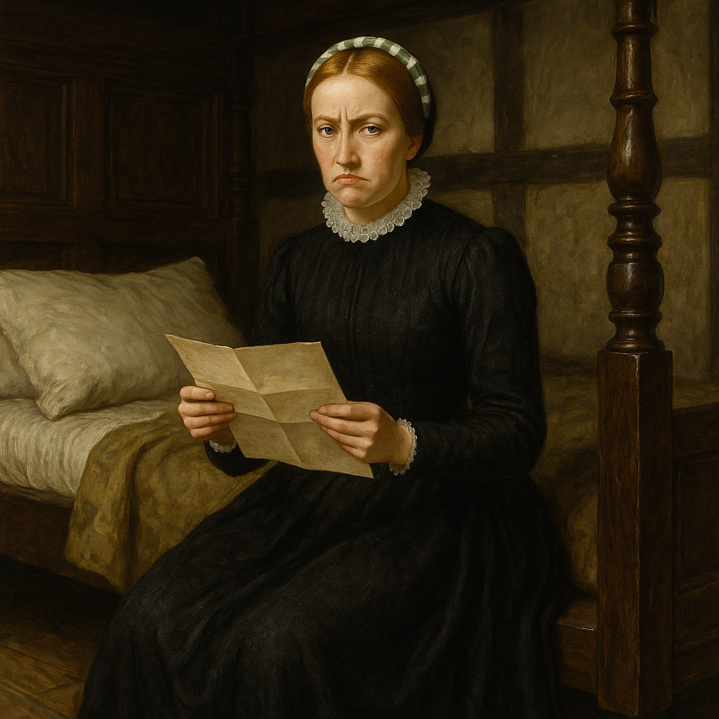 Anne Hathaway sits on Shakespeareâs carved four-poster bed , holding his will in parchment, looking distinctly unamused.