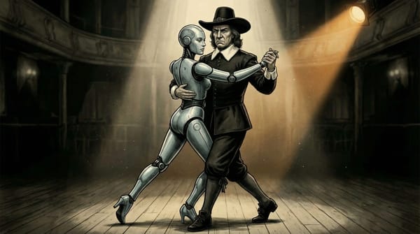 Oliver Cromwell dancing the tango with a female presenting android.