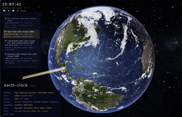 earth-clock simulating the eclipse of 12 August 2026 over Spain