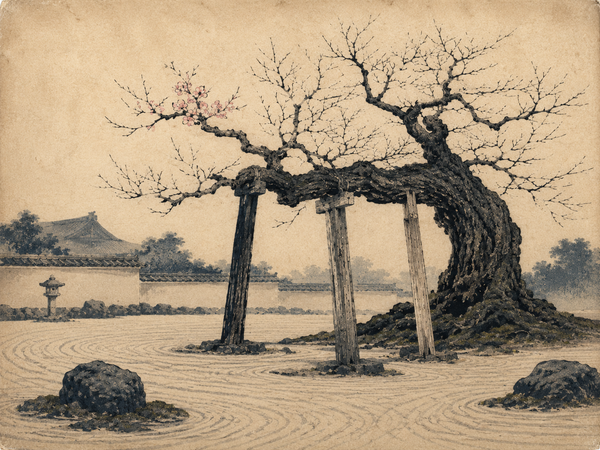 A Japanese woodblock print of an ancient, gnarled cherry tree.